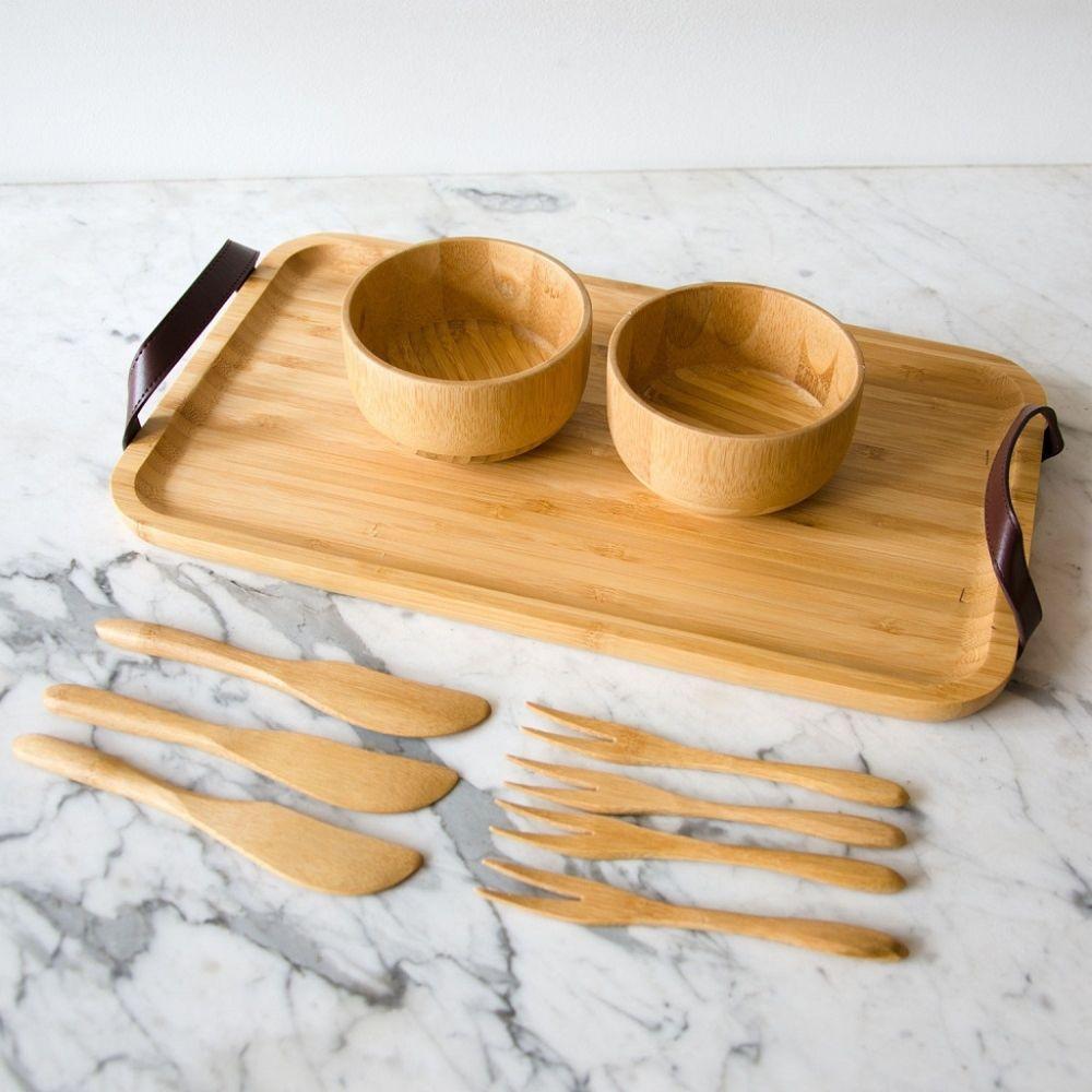 Bandeja Retangular Em Bambu Com Alça Em Couro Ecokitchen 35x20,5cm Mimo Style - 2