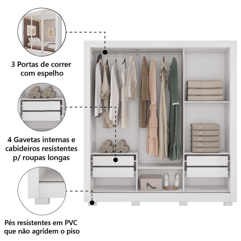 Guarda Roupas Casal 3 Portas De Correr Com Espelho 4 Gavetas Giovanna Branco Caemmum Branco - 3