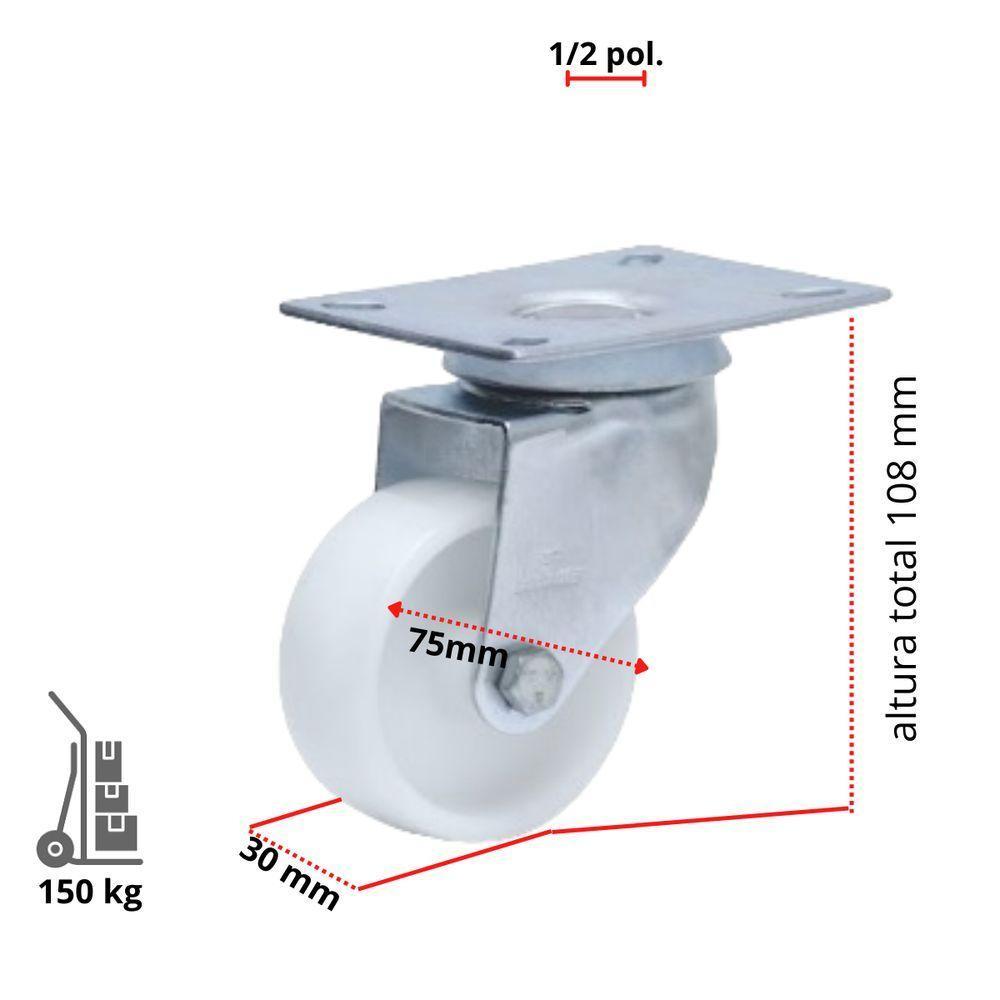 2 Rodizio Nylon Giratório 3 Pol. Sem Freio 150 Kg - 2