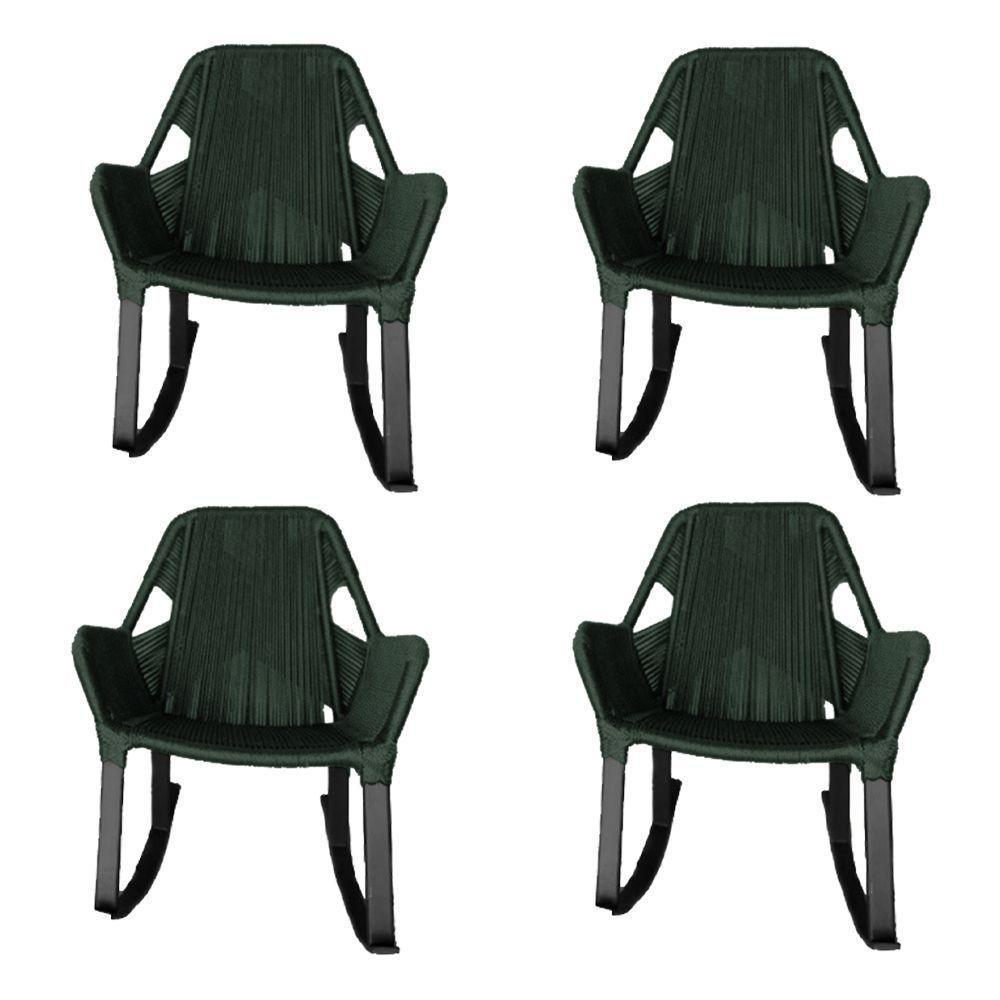 Kit 4 Cadeiras De Balanço Athenas Corda Náutica Base Em Alumínio Preto-verde Musgo - Cor: Verde - 1