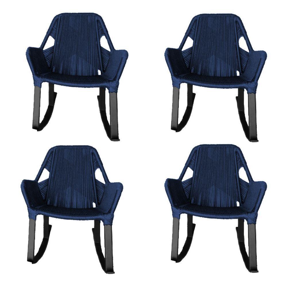 Kit 4 Cadeiras De Balanço Athenas Corda Náutica Base Em Alumínio Preto-azul Marinho - Cor: Azul - 1