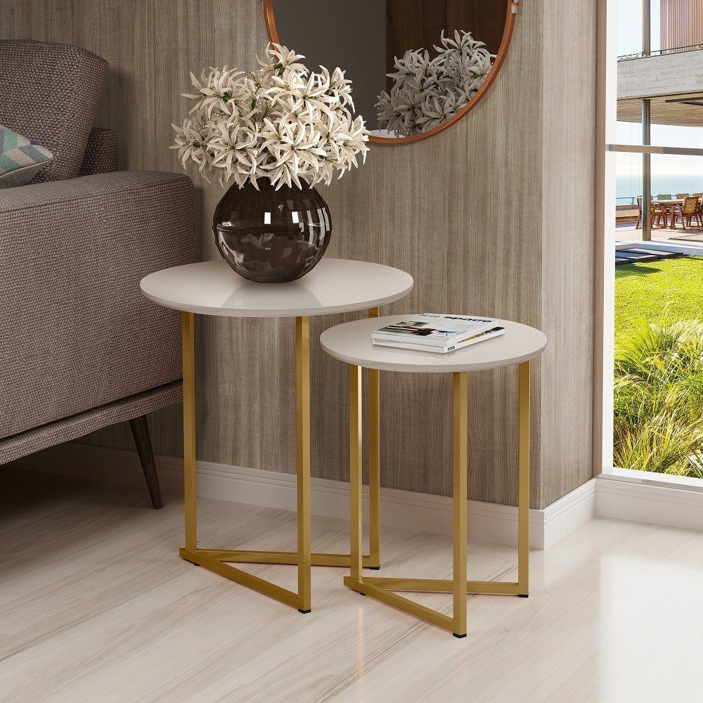 Conjunto De Mesa De Apoio Jade Sala Estar Pé De Aço Dourado - 1