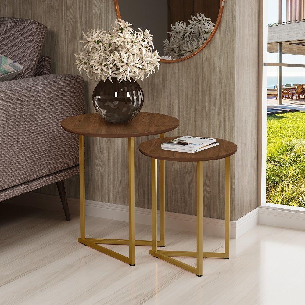 Conjunto De Mesa De Apoio Jade Sala Estar Pé De Aço Luxo - 1