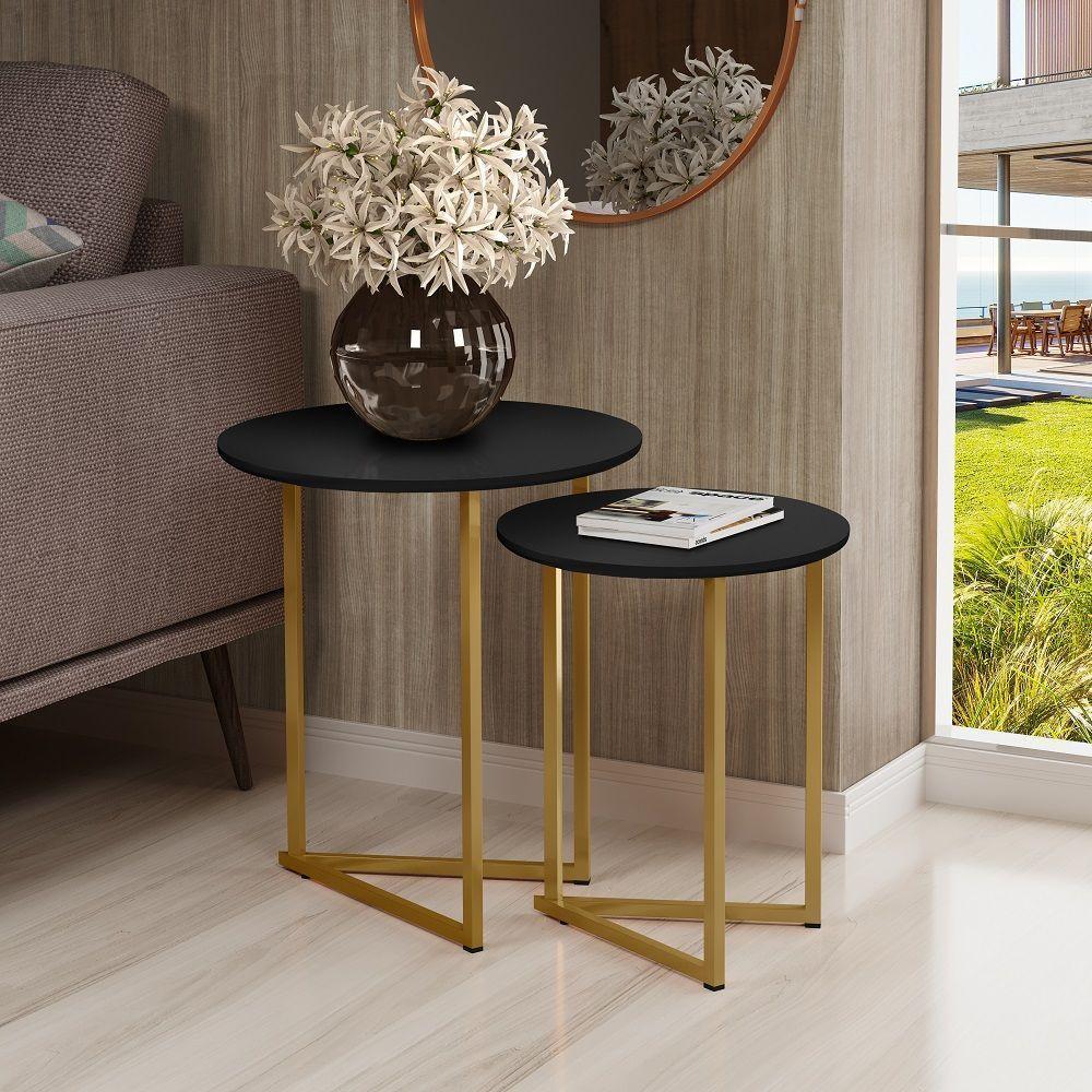 Conjunto De Mesa De Canto Jade Sala Estar Pé De Aço Dourado - 1