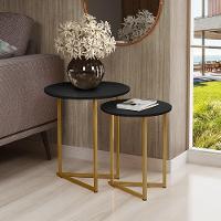 Conjunto De Mesa De Canto Jade Sala Estar Pé De Aço Dourado - 1