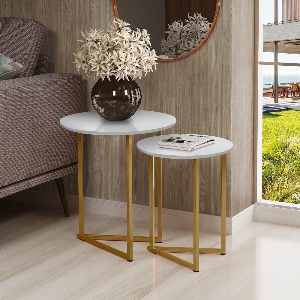 Conjunto De Mesa Lateral Jade Sala Estar Pé De Aço Dourado - 1