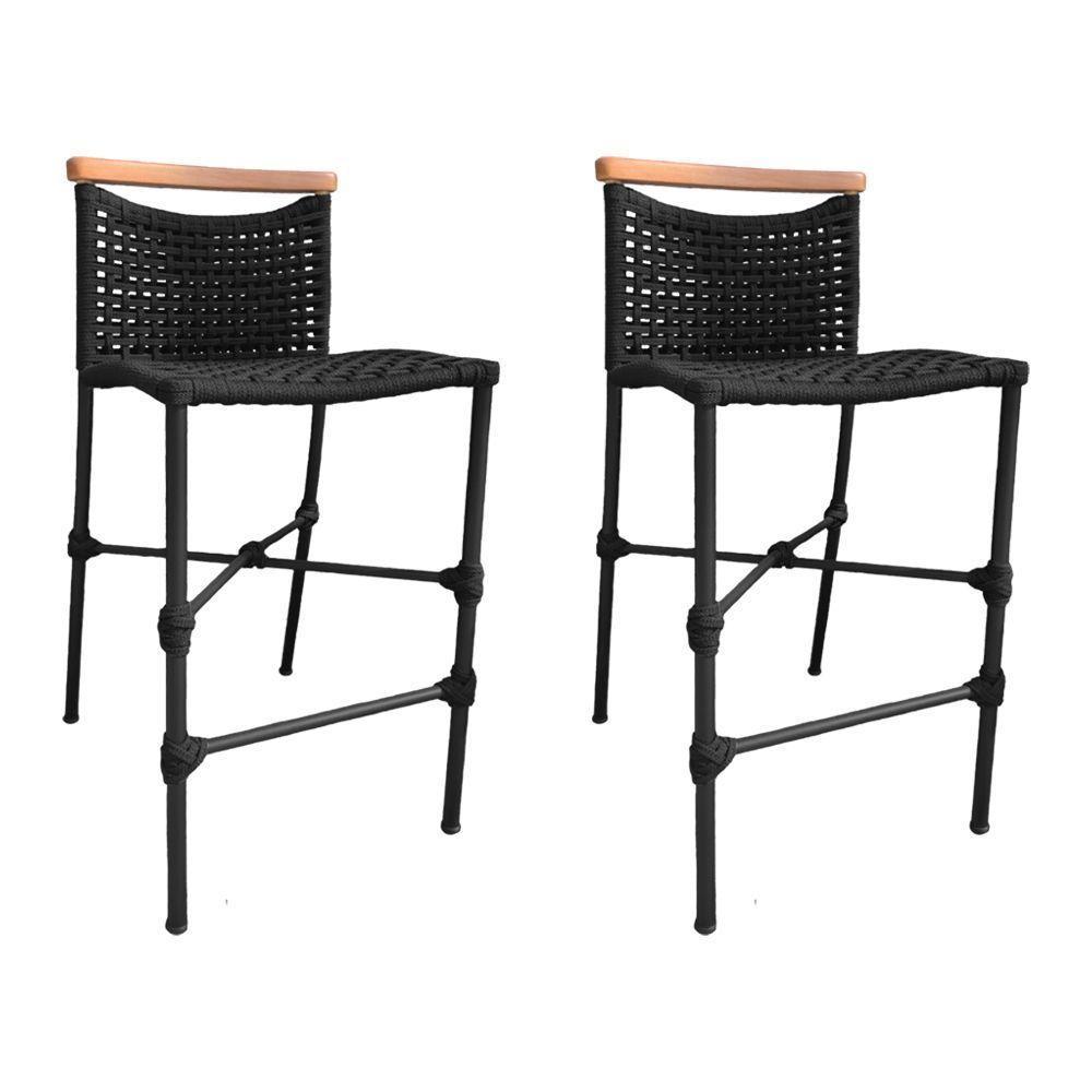 Kit 2 Banquetas Em Corda Náutica Base Em Alumínio Preta Com Detalhe Em Madeira Preta Preto - 1