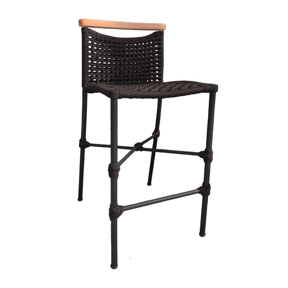 Kit 4 Banquetas Em Corda Náutica Base Em Alumínio Preta Com Detalhe Em Madeira Marrom Marrom - 3