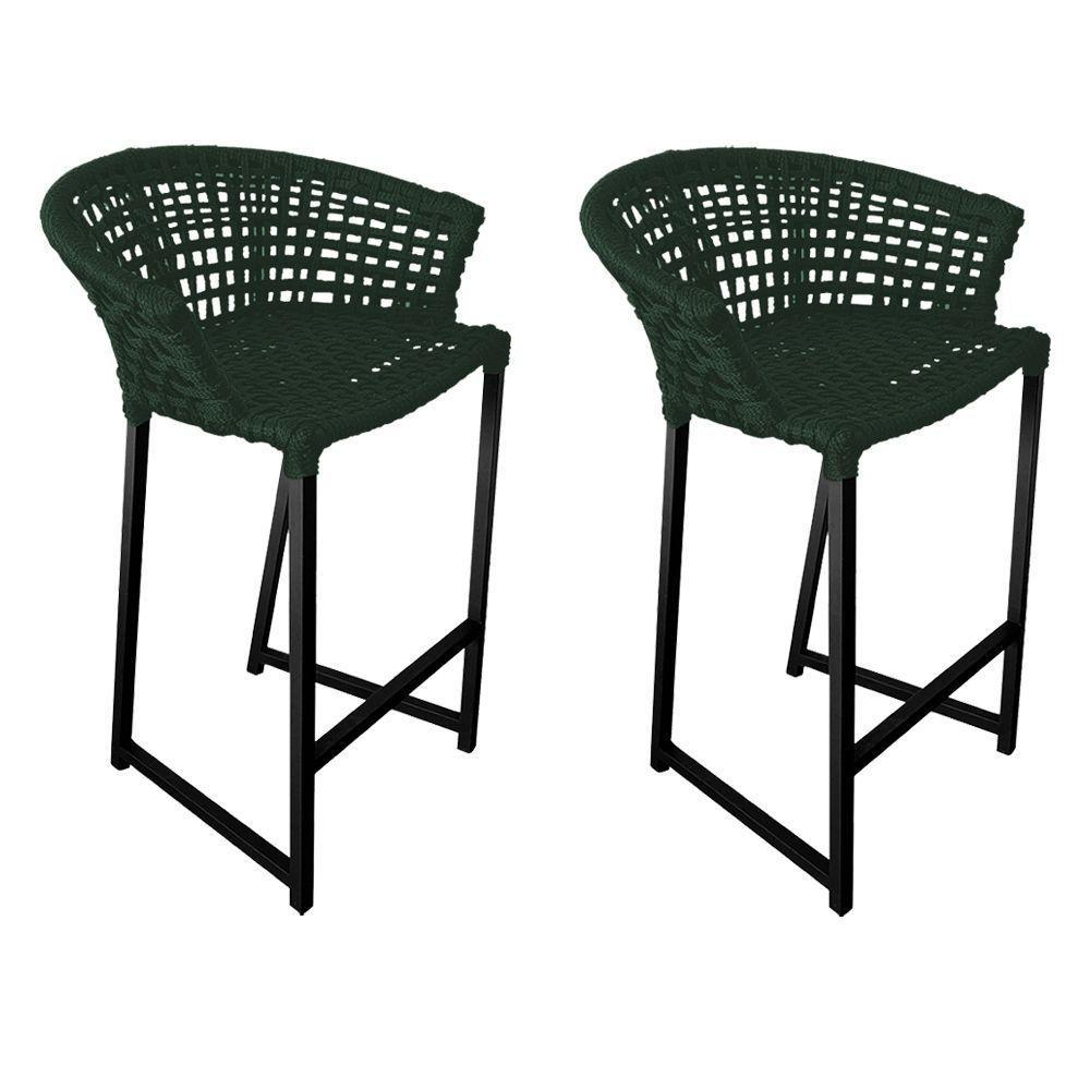 Kit 2 Banquetas Reis Em Corda Náutica E Base Em Alumínio Preta Para área Gourmet Verde Musgo Verde - 1