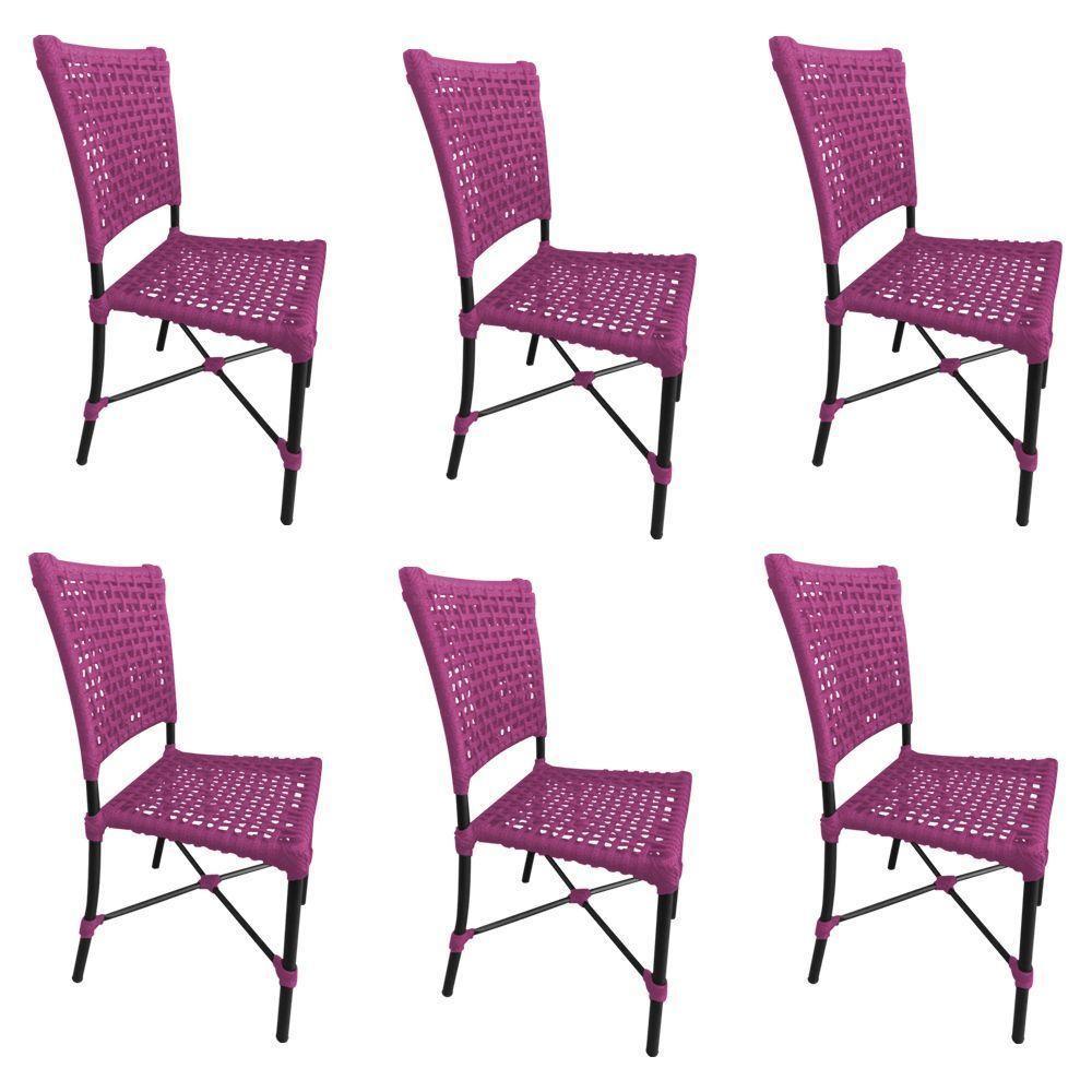 Kit 6 Cadeiras Roma Corda Náutica Base Em Alumínio Preto-rosa - Cor: Rosa - 1