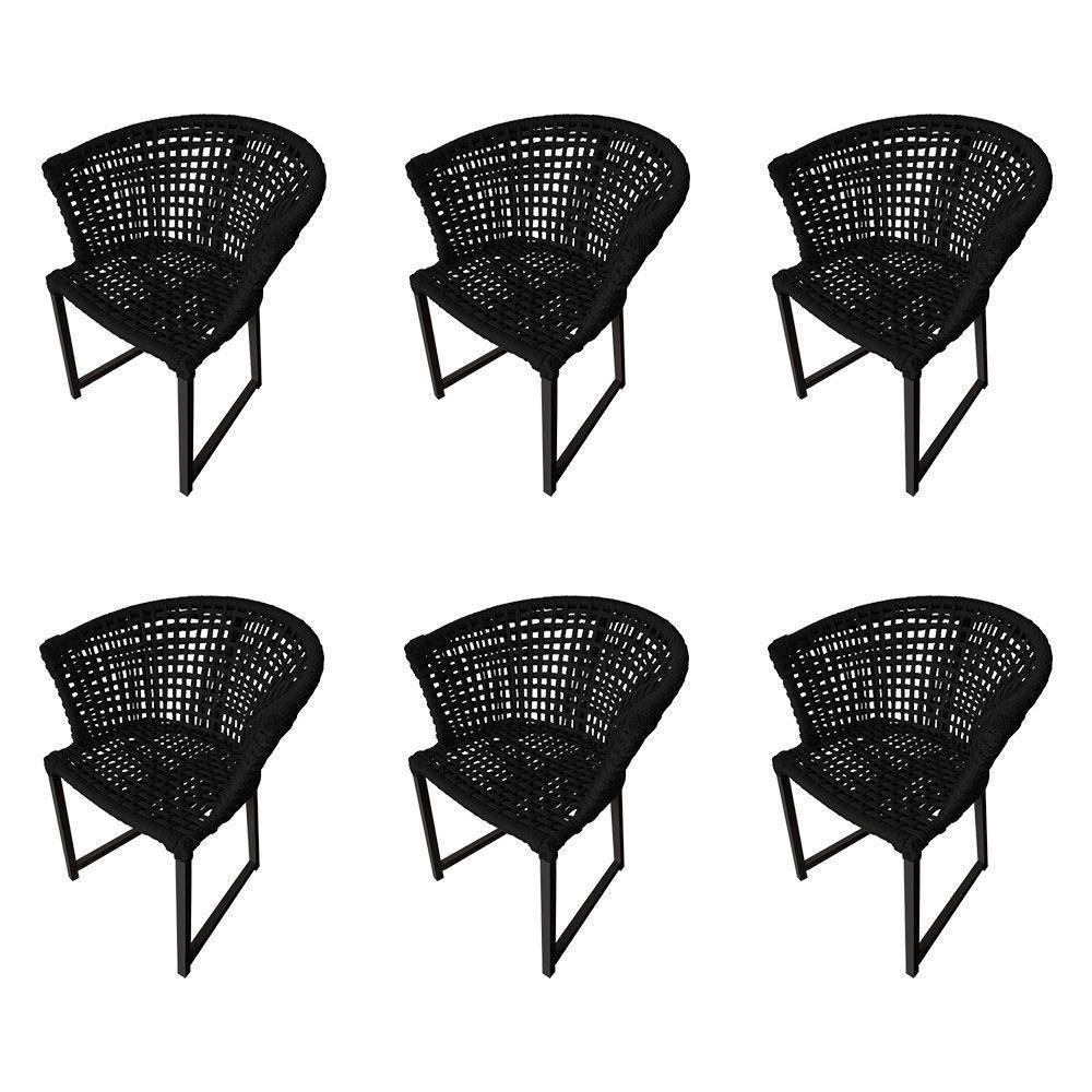Kit 6 Cadeiras Salinas Corda Náutica Base Em Alumínio Preto-preto - Cor: Preto - 1