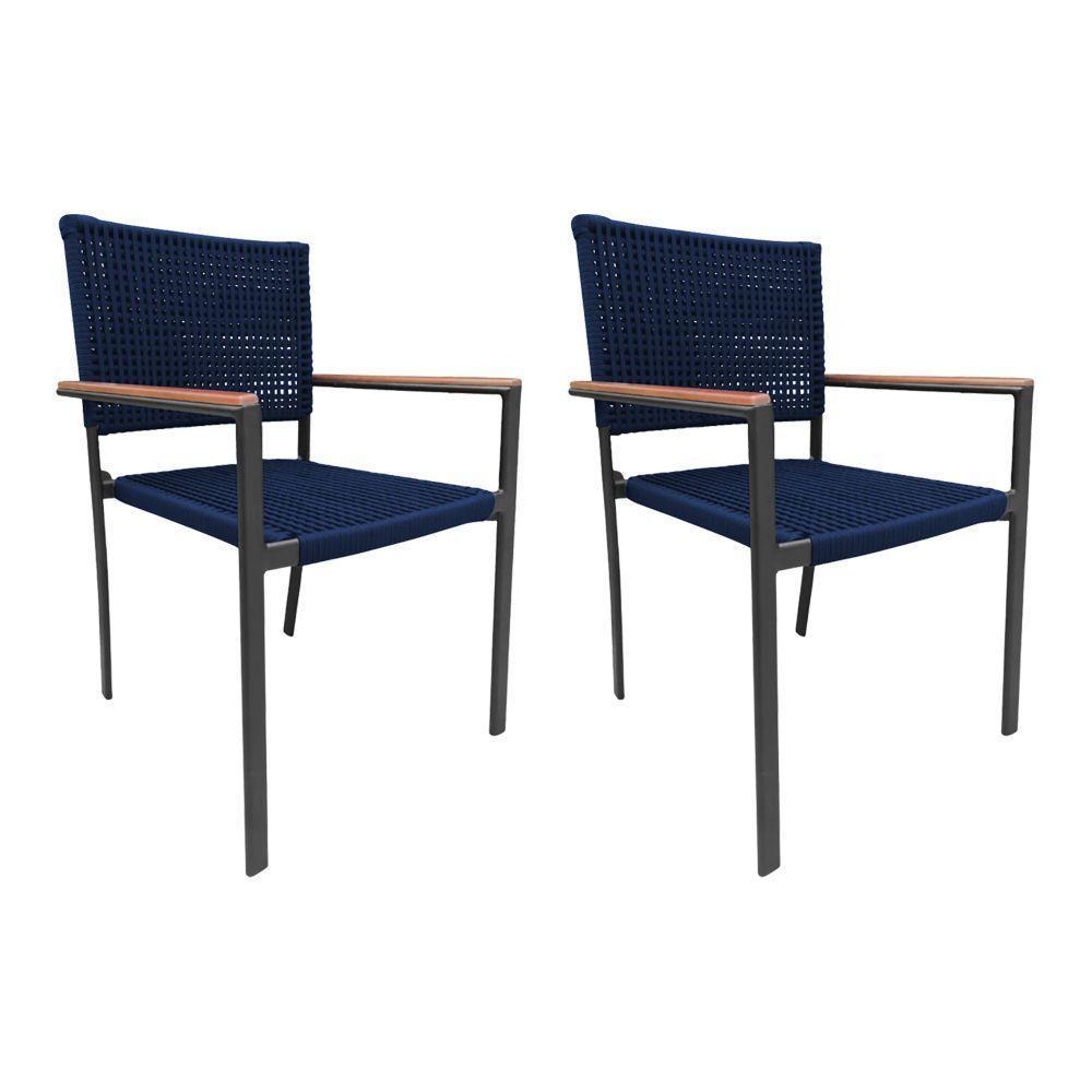 Kit 2 Cadeiras Piracicaba Corda Náutica Braço C-Detalhe Em Madeira Base Alumínio Preto-azul Marinho - 1