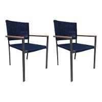 Kit 2 Cadeiras Piracicaba Corda Náutica Braço C-Detalhe Em Madeira Base Alumínio Preto-azul Marinho - 1