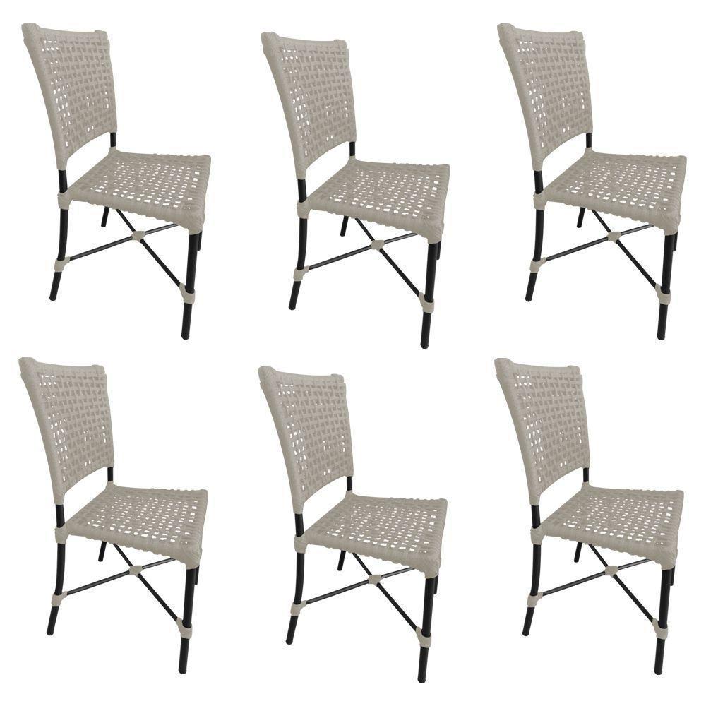 Kit 6 Cadeiras Roma Corda Náutica Base Em Alumínio Preto-areia - Cor: Bege - 1