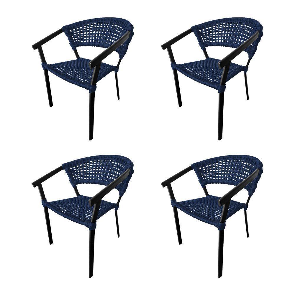 Kit 4 Cadeiras Sofia Corda Náutica Base Em Alumínio Preto-azul Marinho - Cor: Azul - 1
