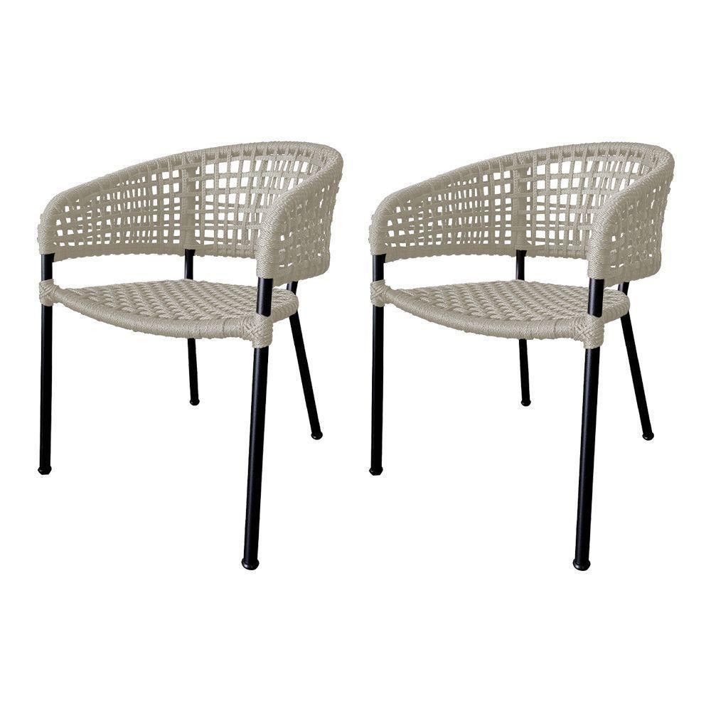 Kit 2 Cadeiras Sol Corda Náutica Base Em Alumínio Preto-areia - Cor: Bege - 1