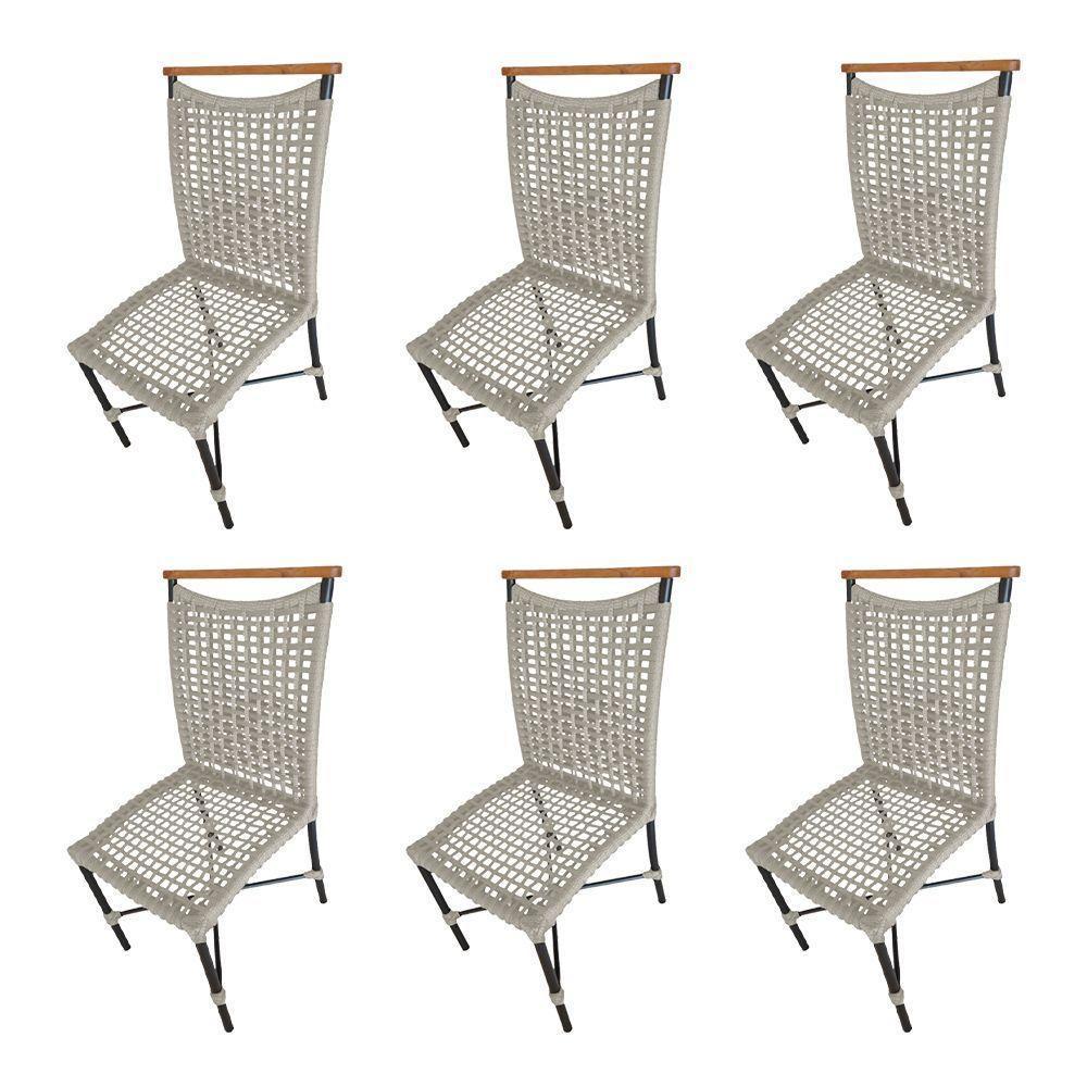 Kit 6 Cadeiras Anne Corda Náutica Detalhe Em Madeira Base Alumínio Preto-areia - Cor: Bege - 1