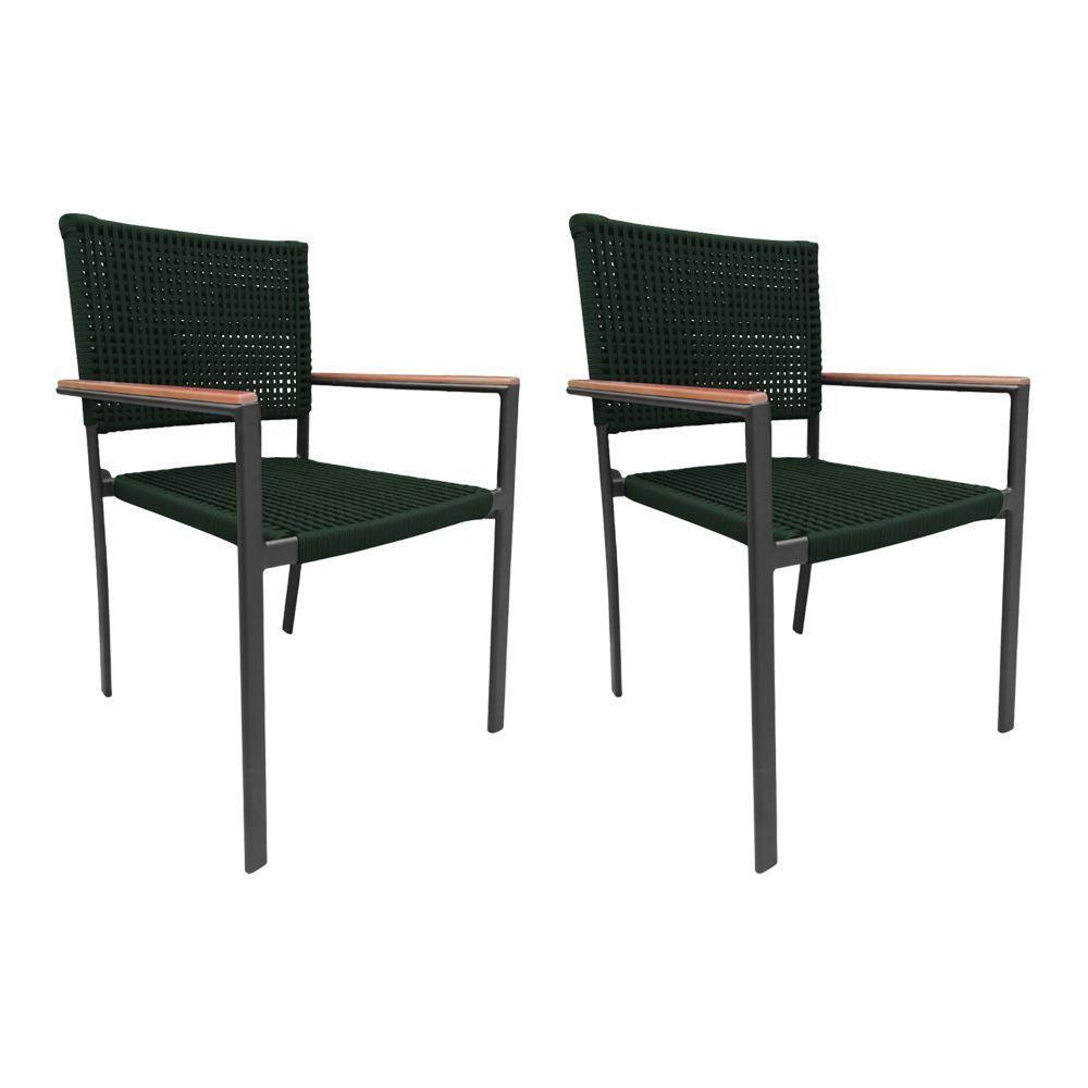 Kit 2 Cadeiras Piracicaba Corda Náutica Braço Com Detalhe Em Madeira Base Alumínio Preto-verde Musgo - 1