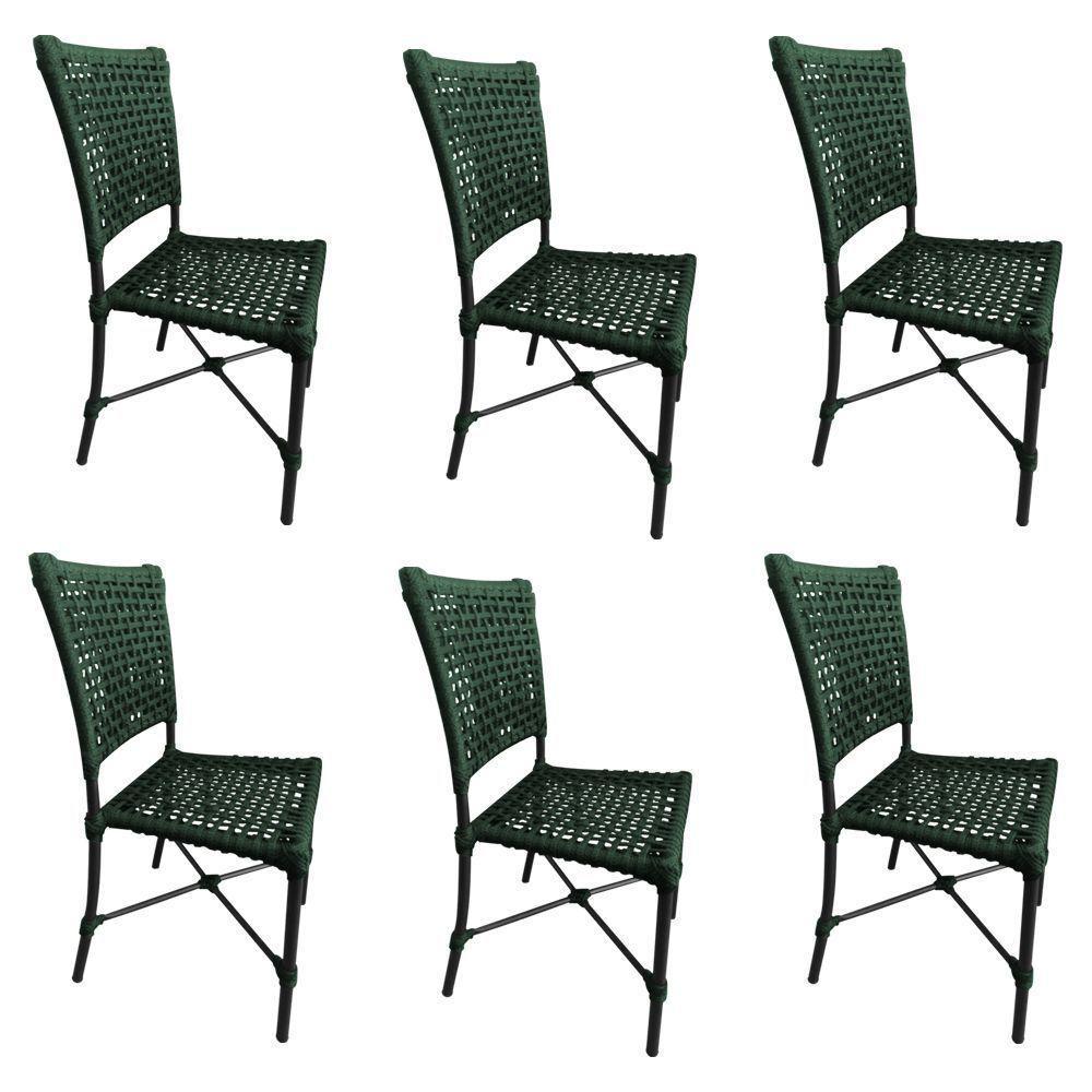 Kit 6 Cadeiras Roma Corda Náutica Base Em Alumínio Preto-verde Musgo - Cor: Verde - 1
