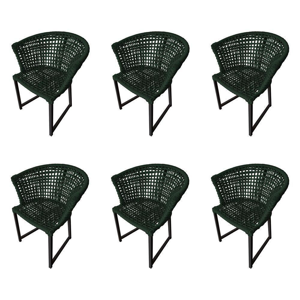 Kit 6 Cadeiras Salinas Corda Náutica Base Em Alumínio Preto-verde Musgo - Cor: Verde - 1