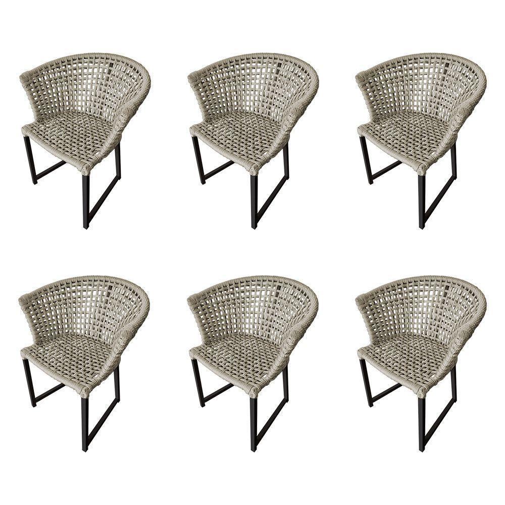 Kit 6 Cadeiras Salinas Corda Náutica Base Em Alumínio Preto-areia - Cor: Bege - 1