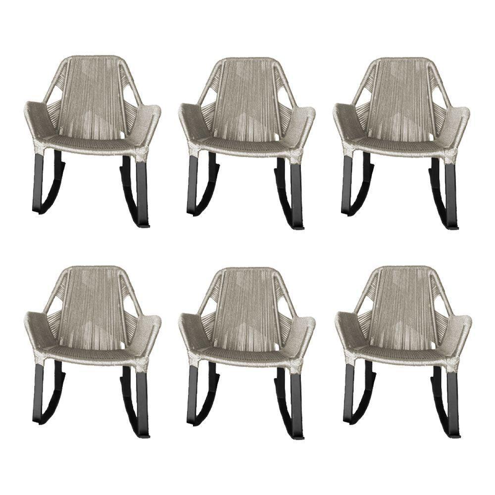 Kit 6 Cadeiras De Balanço Athenas Corda Náutica Base Em Alumínio Preto-areia - Cor: Bege - 1