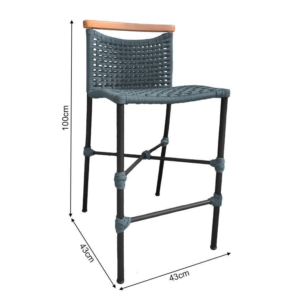 Banqueta Anne Em Corda Náutica Base Em Alumínio Preta Com Detalhe Em Madeira Cinza - Cor: Cinza - 2