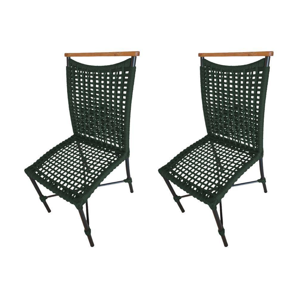 Kit 2 Cadeiras Anne Corda Náutica Detalhe Em Madeira Base Alumínio Preto-verde Musgo - Cor: Verde - 1