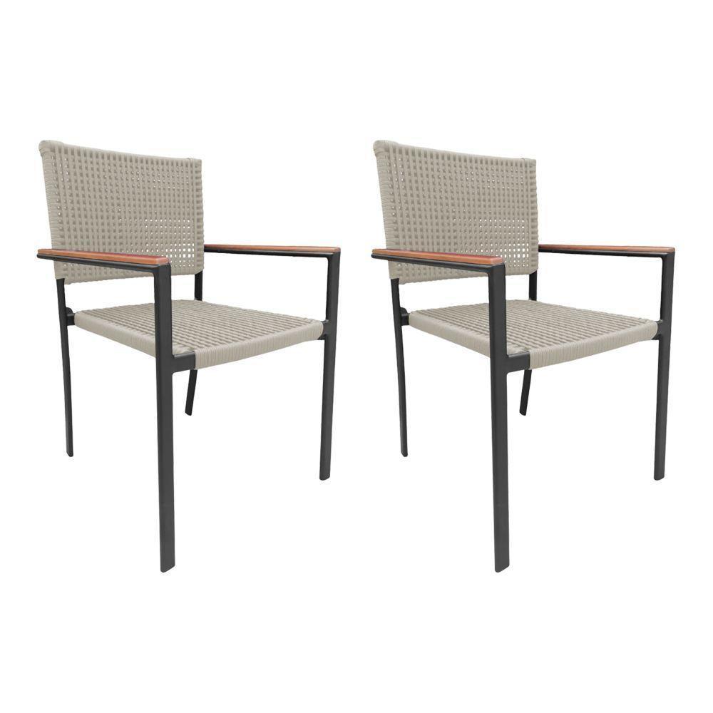 Kit 2 Cadeiras Piracicaba Corda Náutica Braço Com Detalhe Em Madeira Base Alumínio Preto-areia Bege - 1