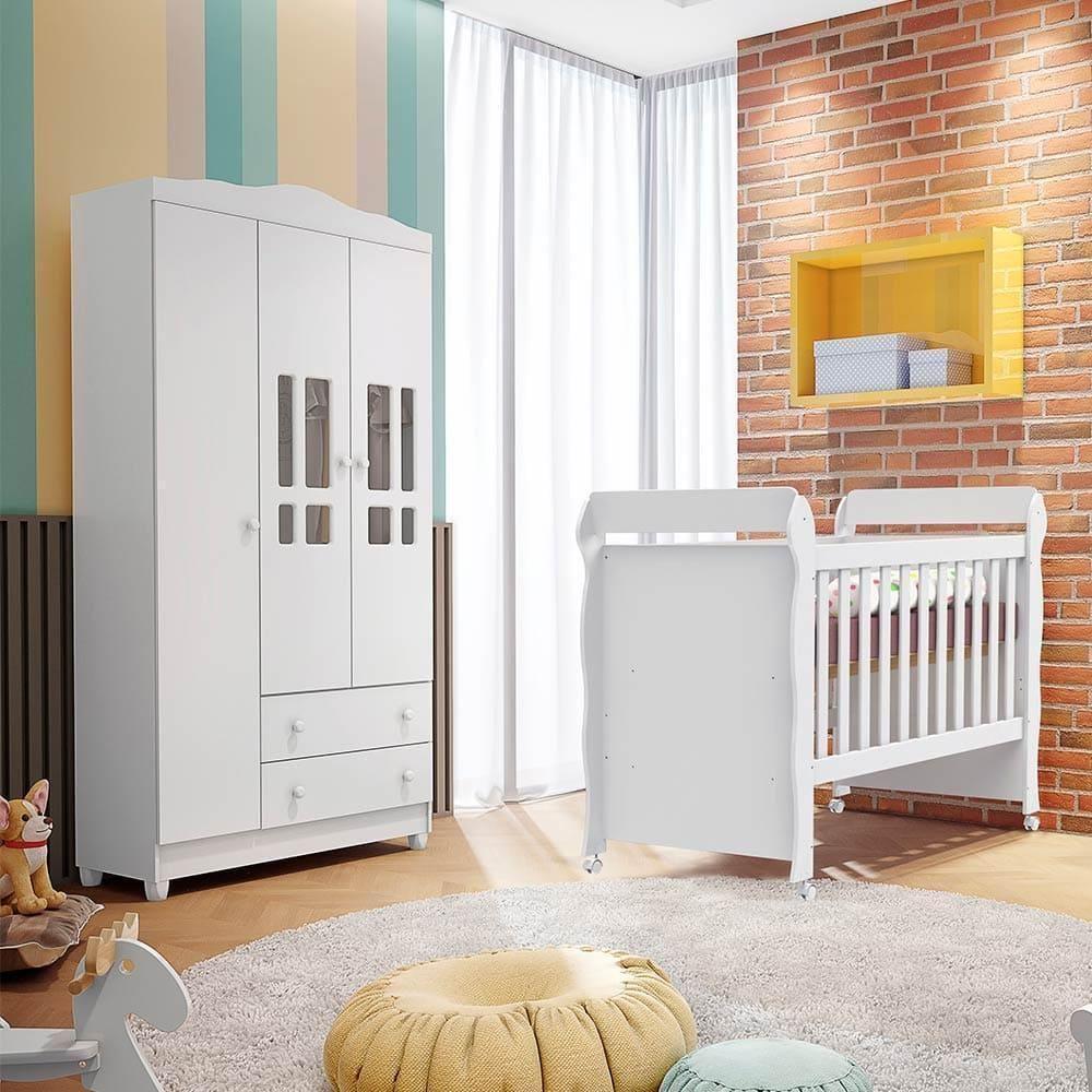 Quarto De Bebê Berço Mini Cama Guarda Roupa Infantil Branco - 1