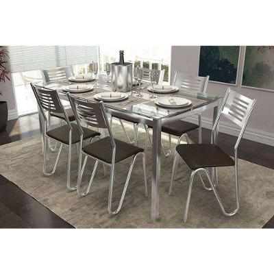 Conjunto: Mesa Sala Jantar Reno c/ Tampo Vidro 150cm + 6 Cadeiras Nápoles Cromado/Courano Marrom - Kappesberg