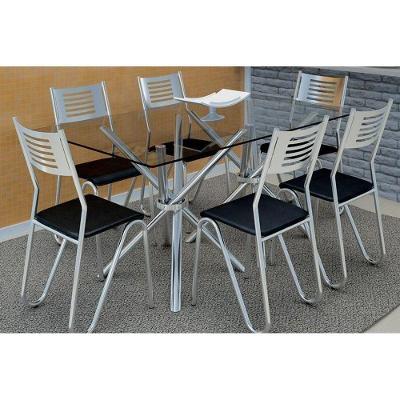 Conjunto: Mesa Sala Jantar  Volga c/ Tampo Vidro 140cm + 6 Cadeiras Nápoles Cromado/Courano Preto - Kappesberg