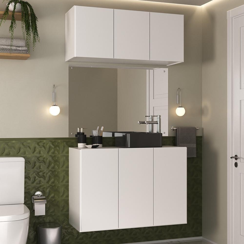 Conjunto Gabinete De Banheiro E Armário Aéreo 3 Portas Multimóveis Mp5048 Branco Branco - 5