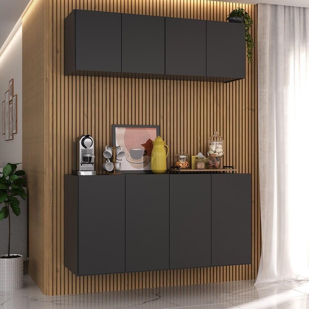 Kit Aparador Buffet Com Armário Aéreo 4 Portas Cantinho Do Café Multimóveis Mp1074 Preto Preto - 2