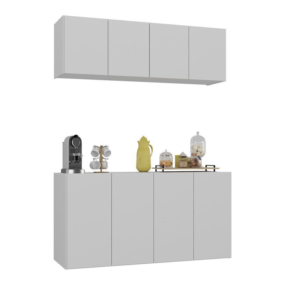 Kit Aparador Buffet Com Armário Aéreo 4 Portas Cantinho Do Café Multimóveis Mp1074 Branco Branco - 1