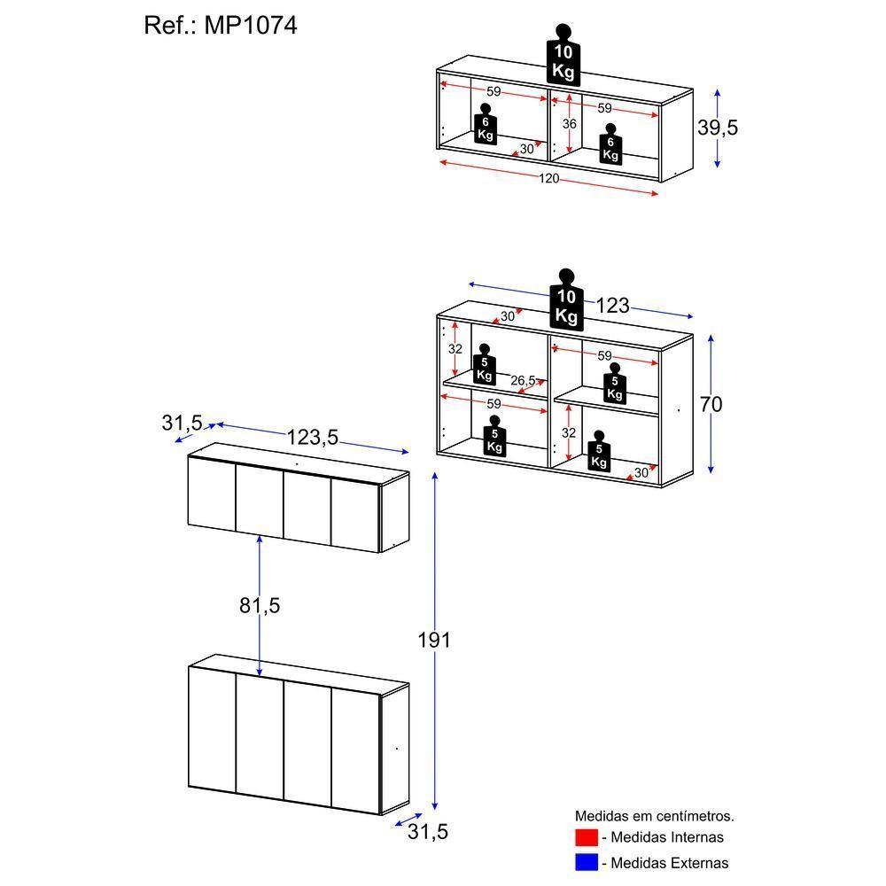 Kit Aparador Buffet Com Armário Aéreo 4 Portas Cantinho Do Café Multimóveis Mp1074 Branco Branco - 4