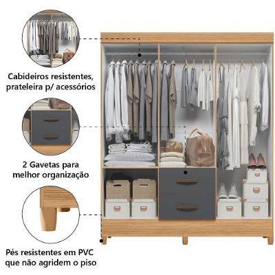 Guarda Roupa Casal Mobi 6 Portas de Bater 2 Gavetas Nature - Grafite MDP