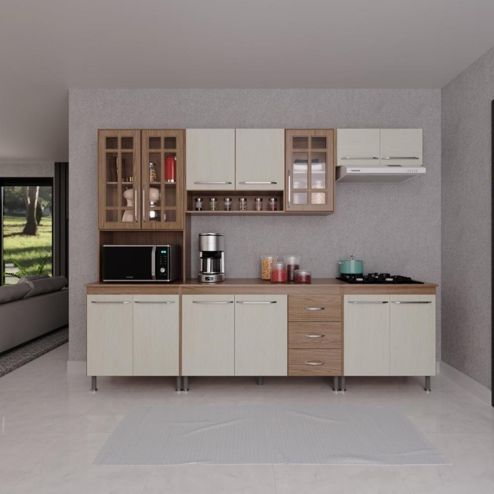 Cozinha Modulada Completa Fidelitá Paris 5 Peças 260cm 13 Portas 3 Gavetas Com Tampo Nogal/salinas - 1