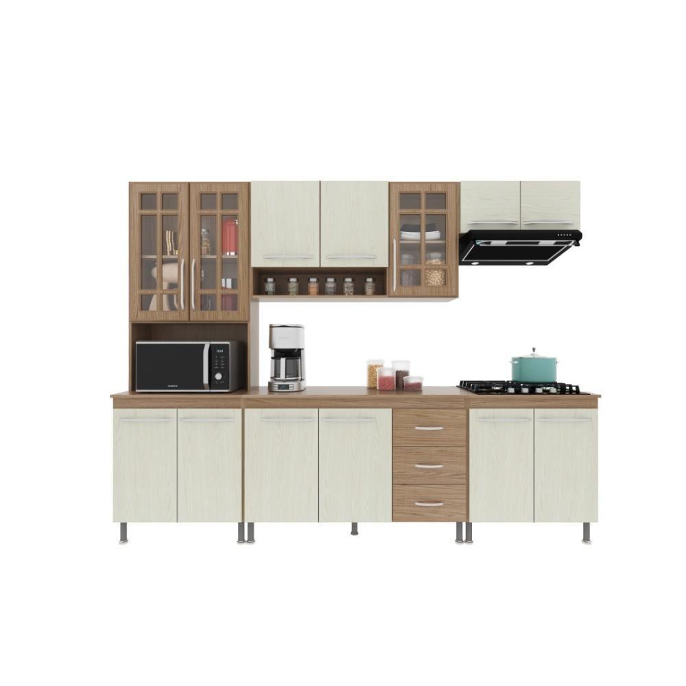 Cozinha Modulada Completa Fidelitá Paris 5 Peças 260cm 13 Portas 3 Gavetas Com Tampo Nogal/salinas - 2
