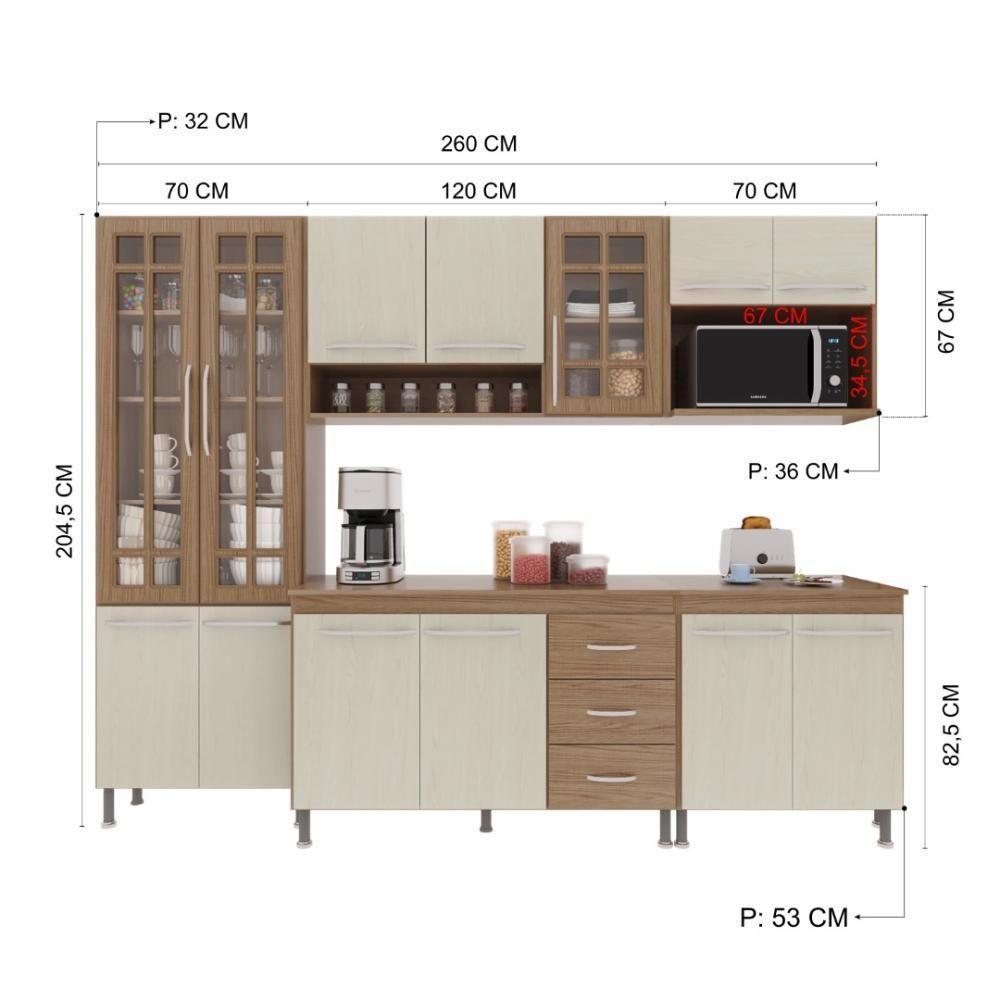 Cozinha Modulada Completa Fidelitá Paris 5 Peças 260cm 13 Portas 3 Gavetas Com Tampo Nogal/salinas - 8
