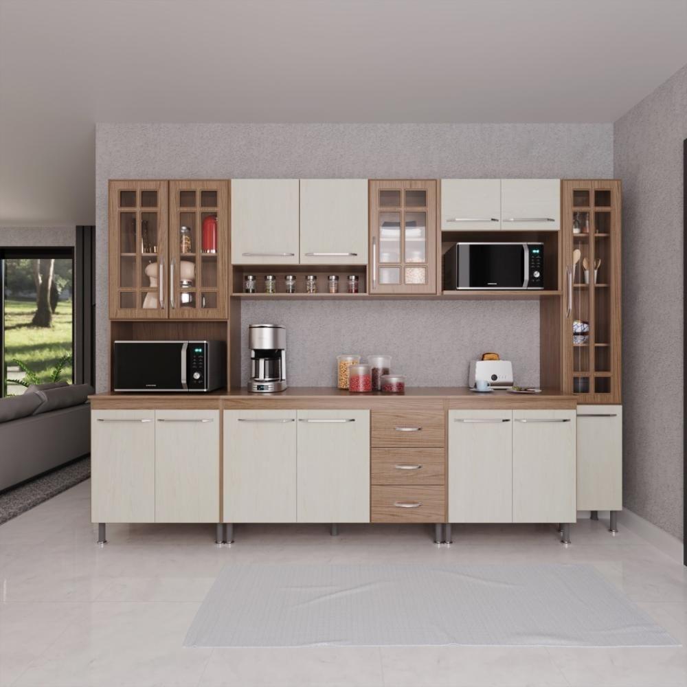Cozinha Modulada Completa Fidelitá Paris 6 Peças 295cm 15 Portas 3 Gavetas Com Tampo Nogal/salinas - 1