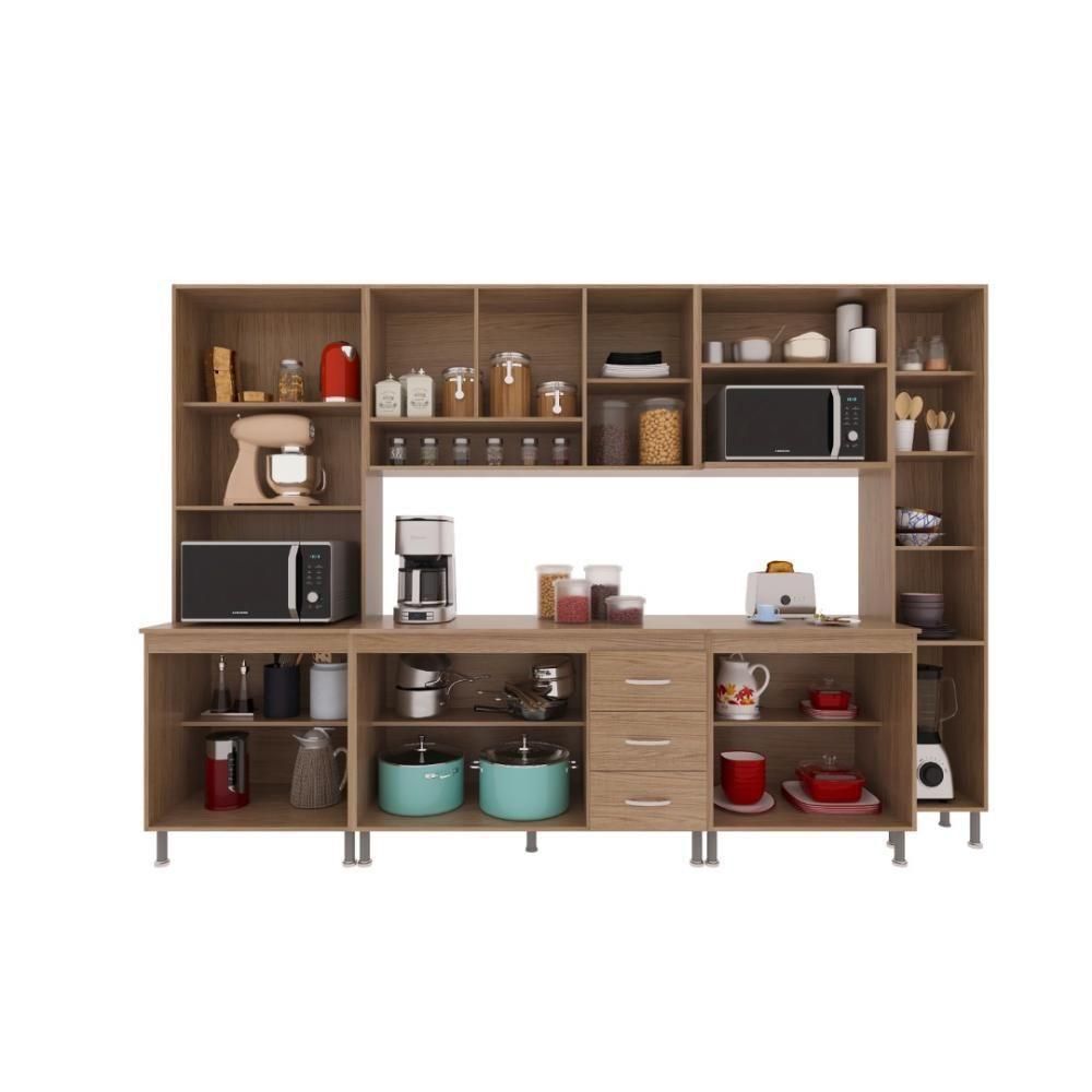 Cozinha Modulada Completa Fidelitá Paris 6 Peças 295cm 15 Portas 3 Gavetas Com Tampo Nogal/salinas - 6