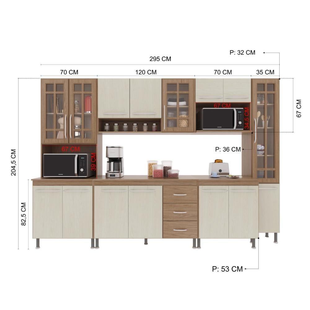 Cozinha Modulada Completa Fidelitá Paris 6 Peças 295cm 15 Portas 3 Gavetas Com Tampo Nogal/salinas - 7