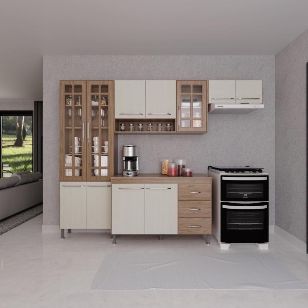 Cozinha Modulada Compacta Fidelitá Paris 4 Peças 260cm 11 Portas 3 Gavetas Com Tampo Nogal/salinas - 3