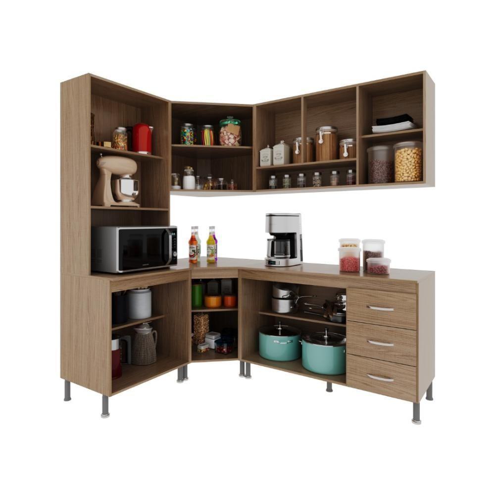 Cozinha Modulada Completa Fidelitá Paris 5 Peças 340cm 12 Portas 3 Gavetas Com Tampo Nogal/salinas - 8