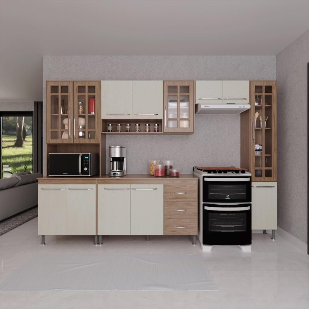 Cozinha Modulada Completa Fidelitá Paris 5 Peças 295cm 12 Portas 3 Gavetas Com Tampo Nogal/salinas - 1