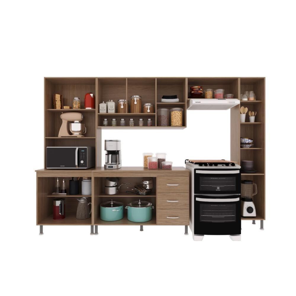 Cozinha Modulada Completa Fidelitá Paris 5 Peças 295cm 12 Portas 3 Gavetas Com Tampo Nogal/salinas - 6