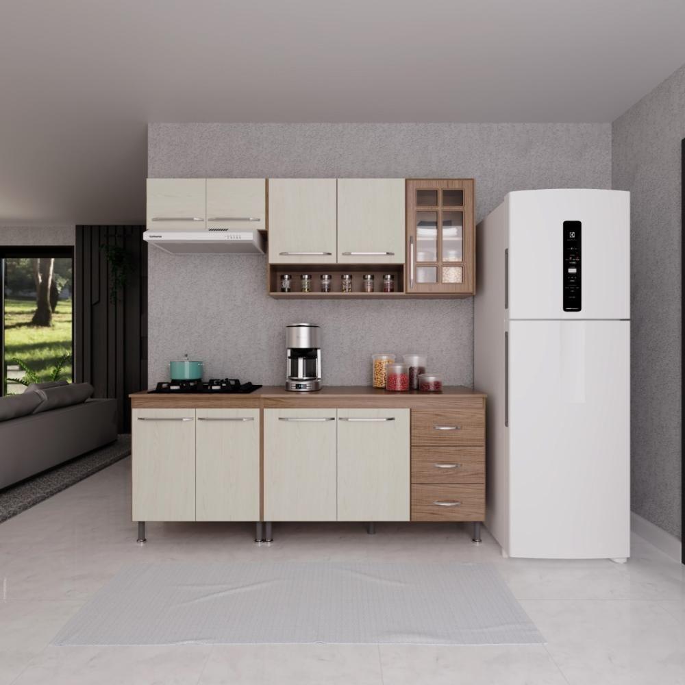 Cozinha Modulada Compacta Fidelitá Paris 4 Peças 190cm 9 Portas 3 Gavetas Com Tampo Nogal/salinas - 1