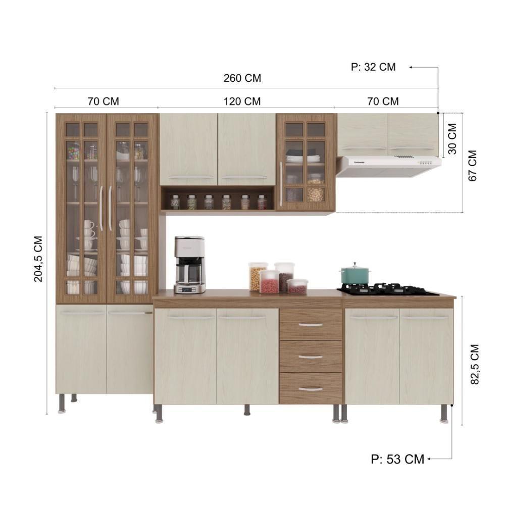 Cozinha Modulada Completa Fidelitá Paris 5 Peças 260cm 13 Portas 3 Gavetas Com Tampo Nogal/salinas - 4