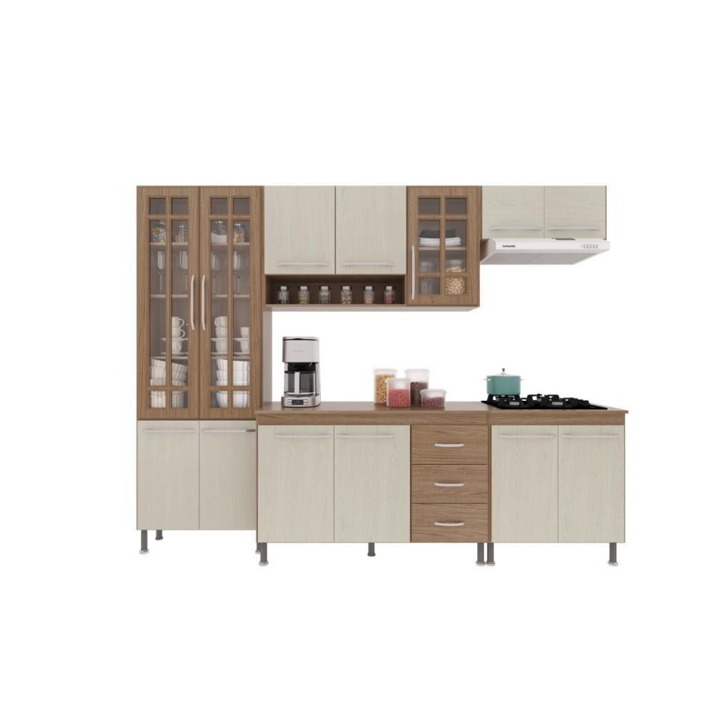 Cozinha Modulada Completa Fidelitá Paris 5 Peças 260cm 13 Portas 3 Gavetas Com Tampo Nogal/salinas - 6